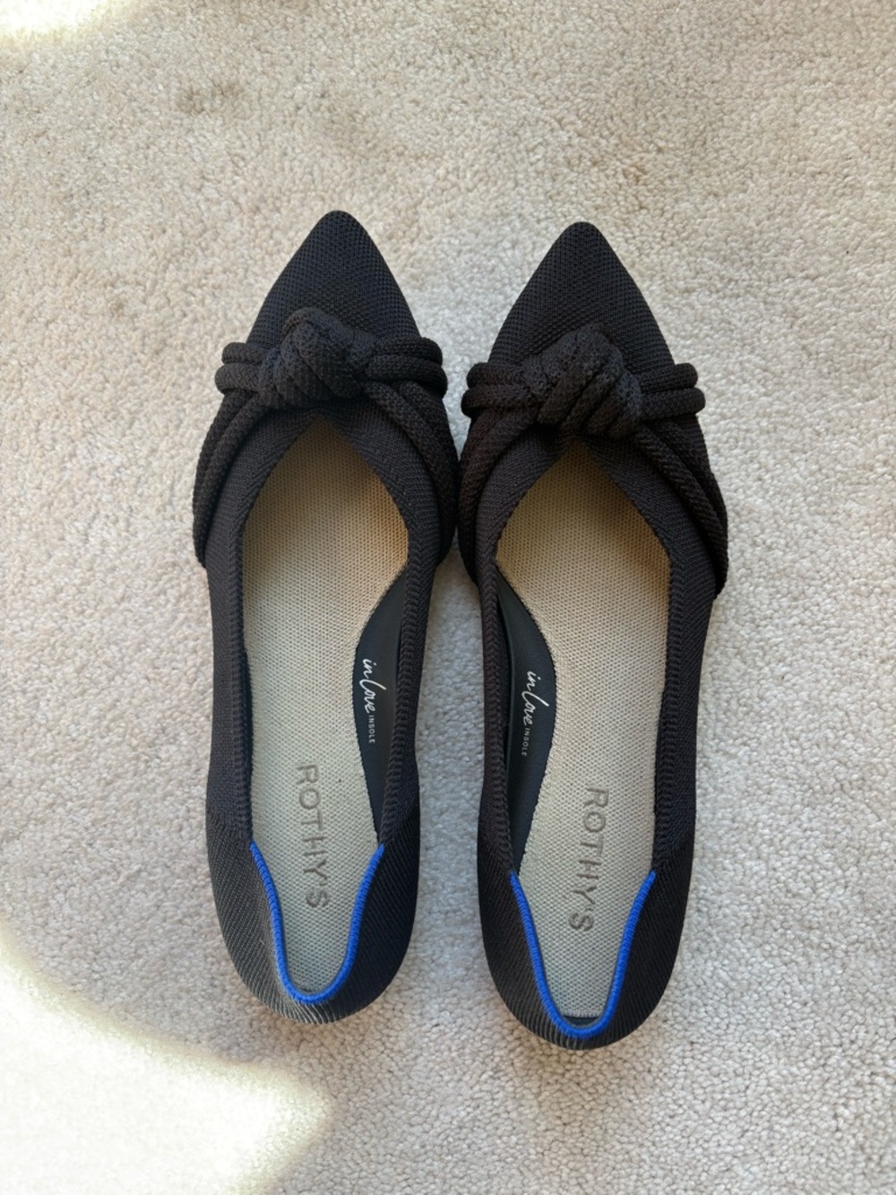 Rothy's Black Pointed Knot Ballet Flats with Blue Trim